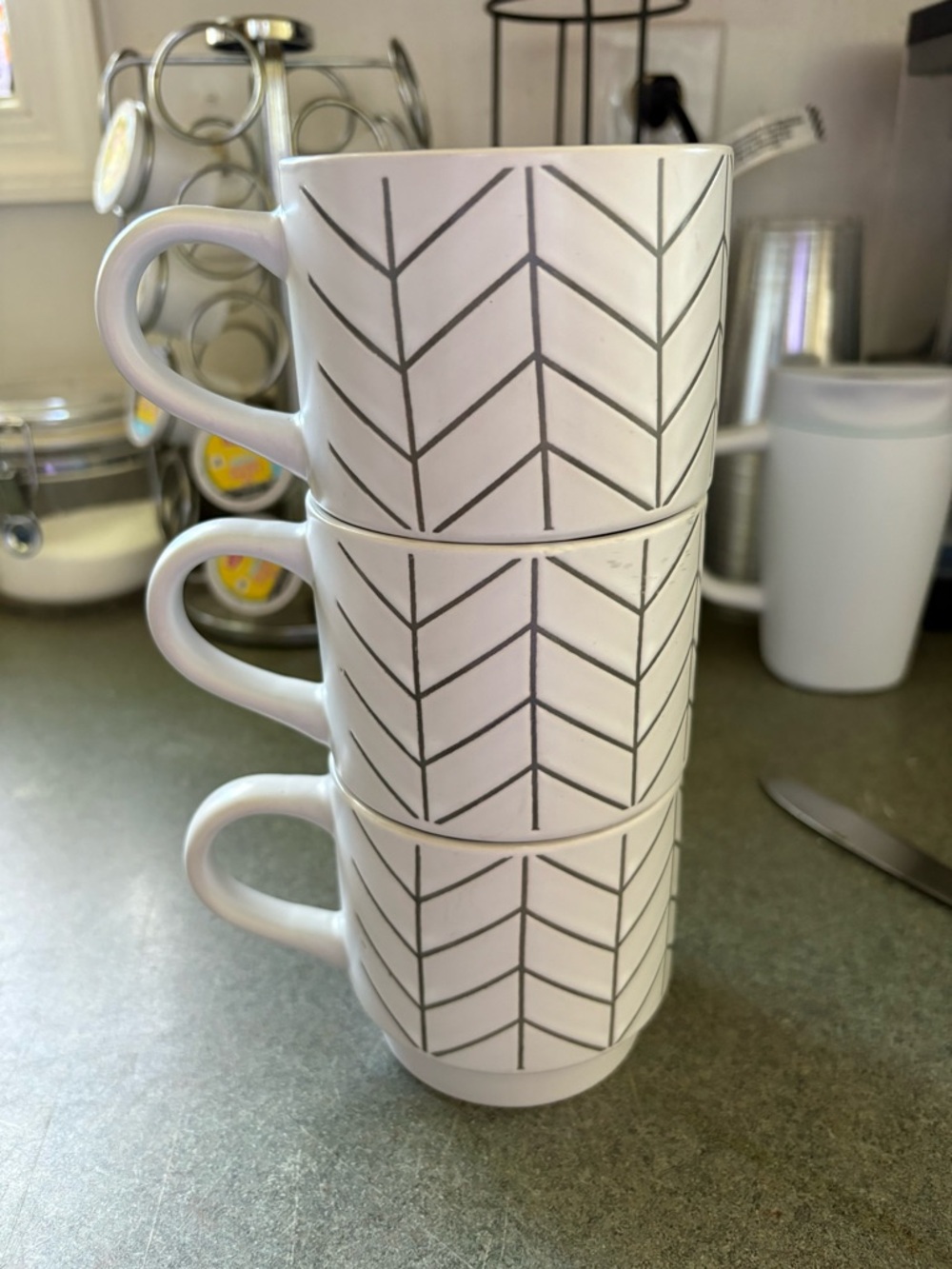 White Ceramic Stackable Mugs with Gray Chevron Pattern - Set of 3